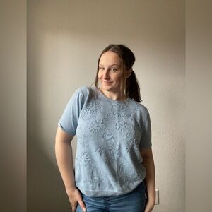 Light Blue Floral Beaded Vintage Sweater Top